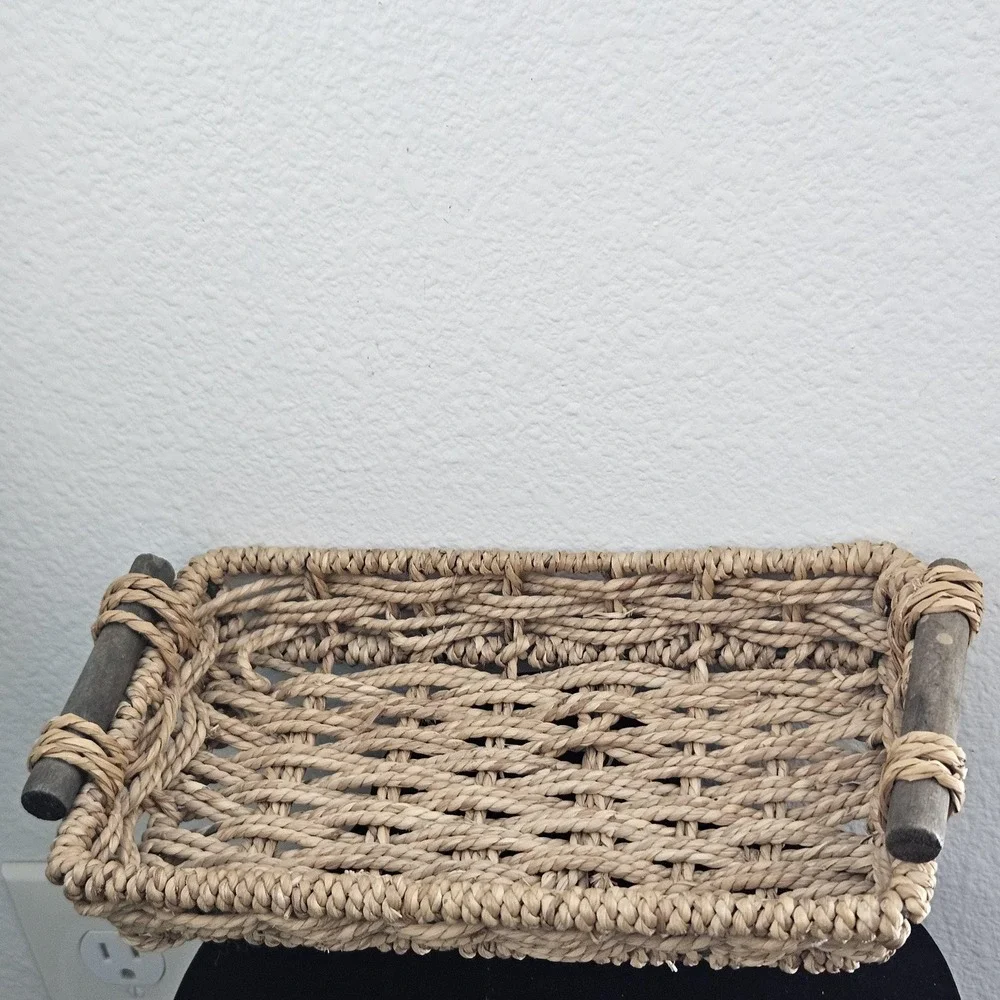 Vintage‎ wood braided serving tray with handles napkin basket